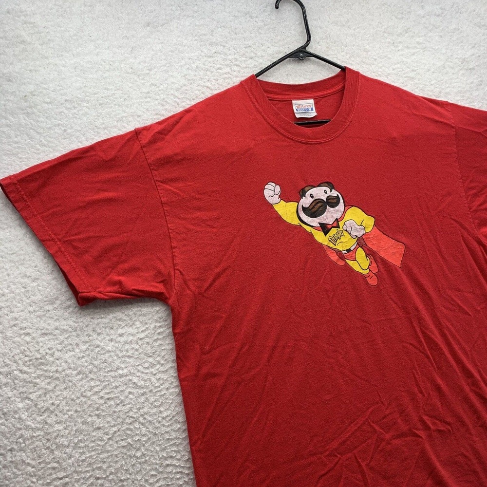 VTG Hanes Beefy T-Shirt Adult XL X-Large Pringles Man Superhero Chips Snacks Red - Picture 2 of 14